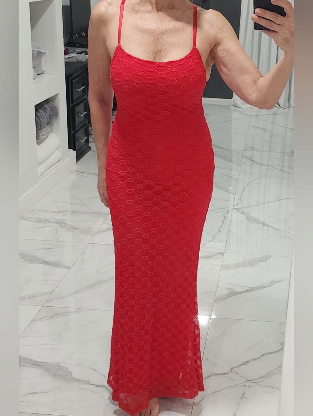 Red Lace Maxi Dress with Thin Straps